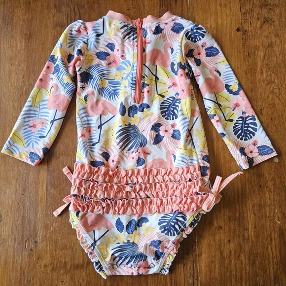 Ruffle Butts Girl’s 18-24 Months UPF 50+ Zip One Piece Swimsuit Flamingos Floral - Picture 5 of 5